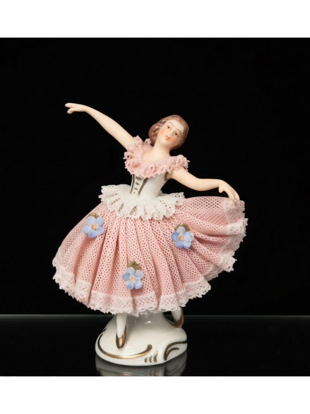 Dresden Porcelain Ballerina Figurine In Pink Lace, Flower Accents And Delicate d